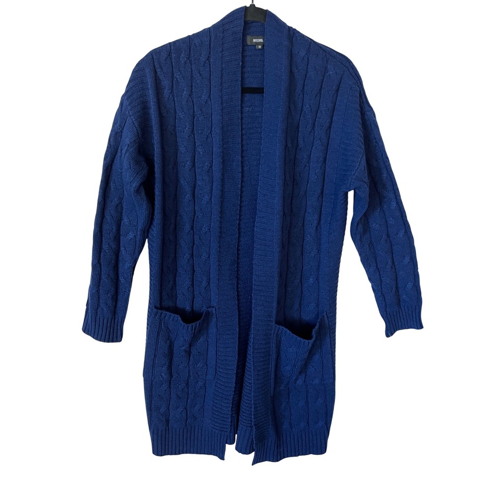 Womens Navy Blue Cable Knit Long Cardigan Sweater Double Pockets‎ Medium